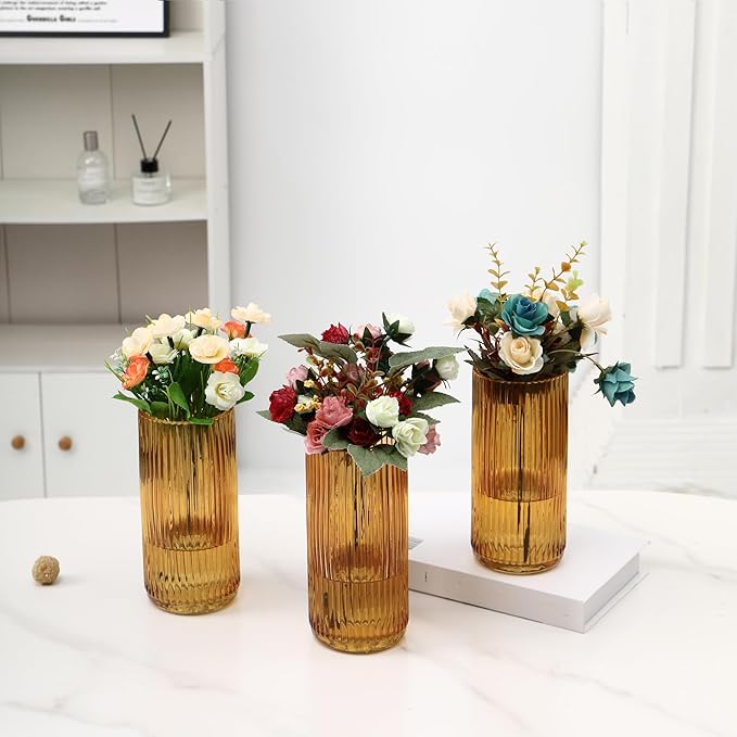 Amber Glass Vases, Flower Vases Set of 3, Ribbed Glass Vase for Tulips, Tall Cylinder Glass Vases for Living Room, Bedroom, Dining Table, Office, Wedding, Bookshelf Decoration, 8 Inches