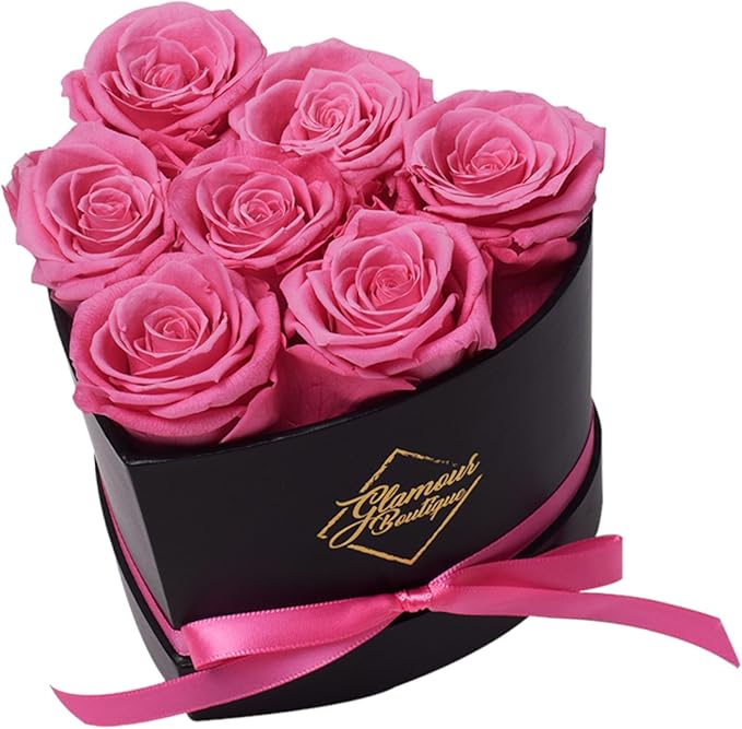 GLAMOUR BOUTIQUE 7 Flower Forever Heart Shape Box - Preserved Roses Gift for Her, Preserved Flowers, Pink