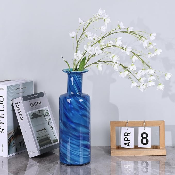 Blown Glass Cylindrical vase, Modern Art Glass Tall vase for Home Decoration Table Centerpiece, Wedding, Living Room Coffee Table, entryway Entry Table top, TV Cabinet Decoration and Ornament. (Blue)