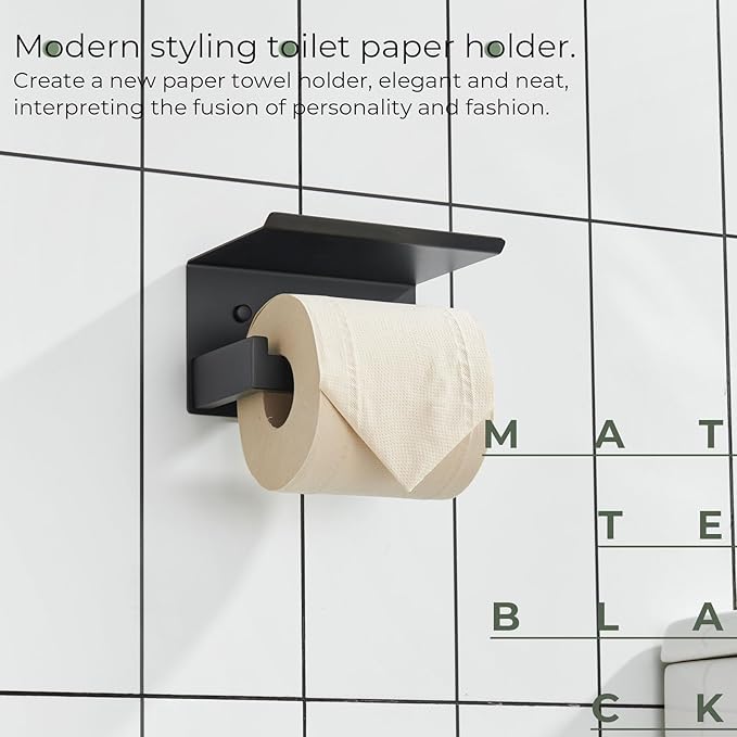 KOKOSIRI Black Toilet Paper Holders with Shelf Bathroom Toilet Paper Roll Holder Matte Black Stainless Steel Wall Mounted, 2 Pack, B2010BK-P2