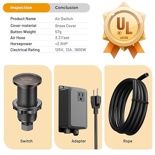 Garbage Disposal Air Switch Kit -Professional, Sink Top Waste Disposer On/Off, Air Button Food Disposals Part, UL Listed