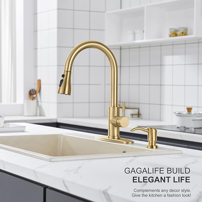 GAGALIFE Built in Sink Soap Dispenser or Lotion Dispenser for Kitchen Sink, Brushed Gold ABS Pump Head, with 17 Ounce Large PET Soap Bottle