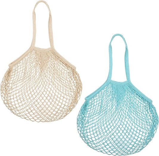 2 PCS Cotton Mesh Grocery Bags, Reusable Mesh Produce Bags, Long Handle Net String Shopping Tote Bag for Fruit Veggie Food Storage