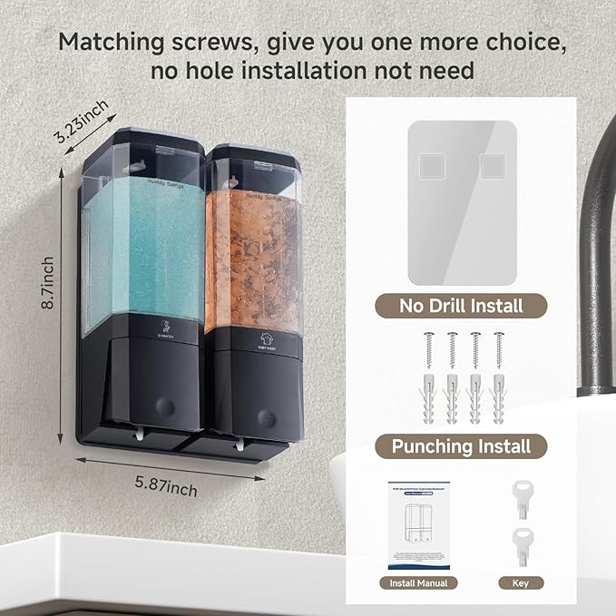 Shower Soap Dispenser Wall Mounted Shower Dispenser 2 Chamber No Drill Shampoo and Conditioner Dispenser Refillable Shampoo Dispener for Shower 2 * 500ml for Bathroom Hotel (Black 2 Chamber)