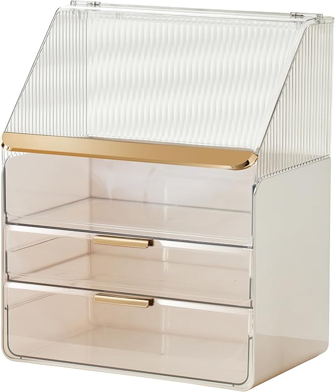 JOYMOOP Makeup Organizer with Transparent Cover, Skincare, Lipstick and Perfume Storage, Cosmetic Organizer, Makeup Box for Bathroom Countertop or Vanity Desk, White & Gold