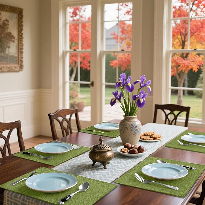 Homaxy Cloths Placemats for Dining Table Set of 6, Heat Resistant Washable Cotton Linen Blend Table Mats, Easy to Clean Place Mats for Indoor Outdoor Party Kitchen Decoration, 13" x 19", Grass Green