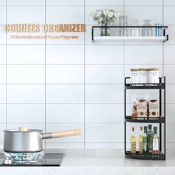 Corner Bathroom Counter Organizer, 3 Tier Bathroom Sink Shelf Countertop, Wood Vanity Skincare Storage for Toiletries Decor, Makeup, Dresser(Black)