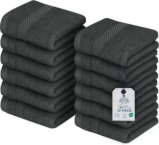 DAN RIVER 12-Pack Premium 100% Cotton Gray Face Towels – Reusable Face Towel Set, Soft & Absorbent Cotton Cloths for Bathroom & Body – Hand and Face Towels, 550 GSM (12x12 in)
