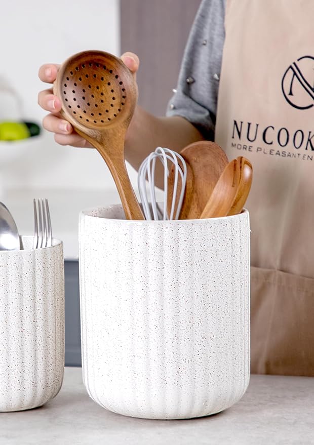 Nucookery Ceramic Utensil Holder for Countertop, 7.2" Large Cooking Utensil Crocks for Kitchen Counter, Farmhouse Kitchen Decor (Sand)