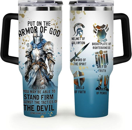 Jesuspirit Christian Gifts for Men, Women - Fathers Day, Pastor Appreciation Religious Gift - Christian Coffee Mug - Armor Of God Stainless Steel Tumbler (Armor Of God Men, 40OZ)