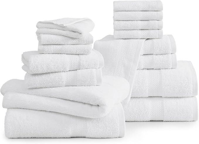 LANE LINEN 100% Mercerized Cotton Luxury Bathroom Towel Set - 16 Pcs - Super Soft, Fluffy & Highly Absorbent - 4 Bath Towels, 8 Washcloths, 4 Hand Towels - Complete Family Pack - White Bath Towel Set