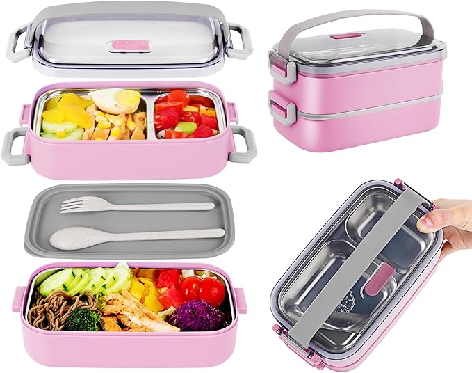 Bento Lunch Box for Kids Women Men, 47oz 2-Compartment Snack Salad Metal Food Prep Pack Container for Lunch, Stainless Steel 2 Layers Stackable Lunch Containers with Lids for Adults and Teens Pink