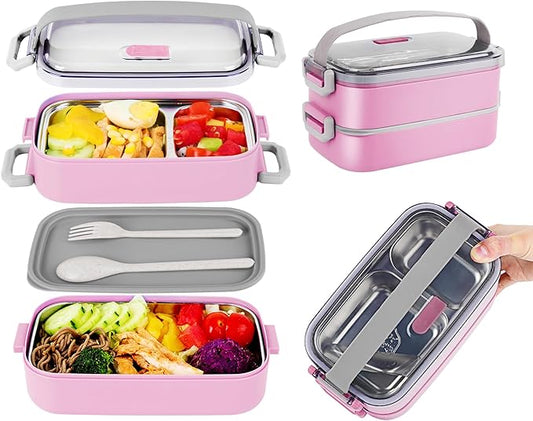 Bento Lunch Box for Kids Women Men, 47oz 2-Compartment Snack Salad Metal Food Prep Pack Container for Lunch, Stainless Steel 2 Layers Stackable Lunch Containers with Lids for Adults and Teens Pink