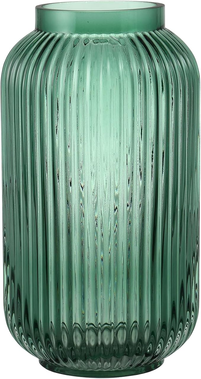 Ribbed Glass Vase, Green Flower Vase for Bouquet, Glass Vases for Flowers, Modern Vases for Living Room, Bedroom, Kitchen, Dining Table, Office, Wedding, 8.6 Inches