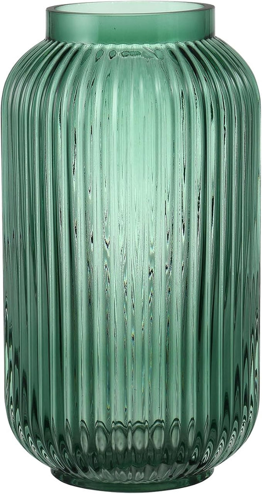 Ribbed Glass Vase, Green Flower Vase for Bouquet, Glass Vases for Flowers, Modern Vases for Living Room, Bedroom, Kitchen, Dining Table, Office, Wedding, 8.6 Inches