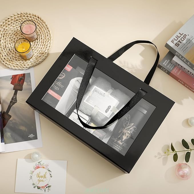 Large Black Clear Gift Box, 14x9x4.1 Inches, Window, Handle, Collapsible, Magnetic Closure, Groomsman Proposal, Bridal Shower, Valentine's Day, Anniversary, Birthday, Business Gifts, 1 Pack