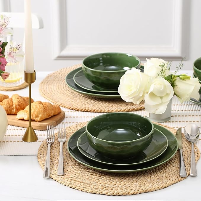 Vicrays Ceramic 12 Pieces Dinnerware Set - Dinner Plates Cereal Bowls Salad Plates Set Service for 4 - Scratch Resistant Dishwasher Safe Microwave Oven - Green