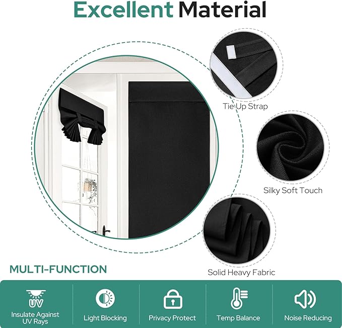 HOMEIDEAS 100% Black Linen Blackout French Door Curtains, Privacy Door Window Curtains, 30 X 40 Inch Room Darkening Blinds, Thermal Insulated Shades for Bedroom, 1 Panel