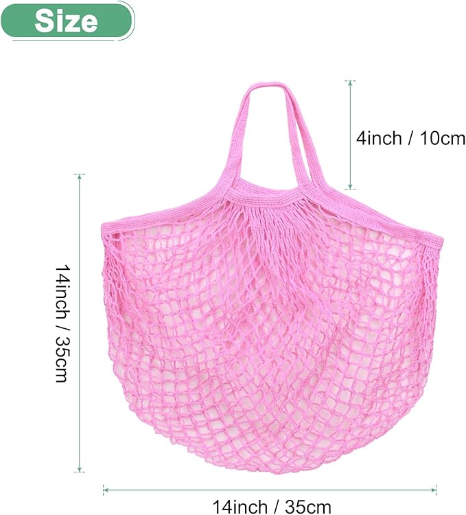 1-Pack Cotton Mesh Bag, Reusable Washable Mesh Net String Grocery Bags, Reusable Produce Bags with Handle, Net Tote Bag for Fruits/Vegetables Shopping [Pink, Short Handle]