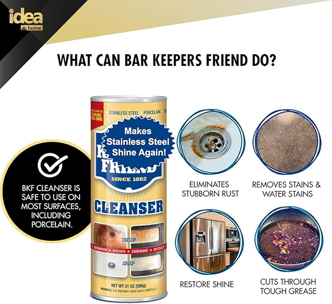 Idea Home Cleanser and Polish Powder 21 oz Multipurpose Cleaner, Rust Stain Remover Microfiber Cleaning Cloth 15x15in + Multi-Purpose Non-Scratch Microfiber Sponge