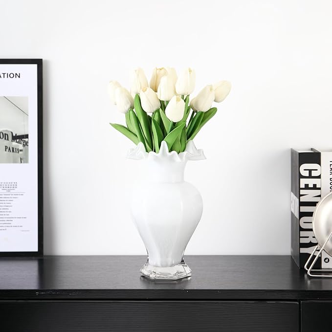 Large Glass Vase, White Glass Vase for Flowers, Flower Vases for Bouquet, Unique Vases for Living Room, Dining Table, Shelf, Wedding, Office, Coffee Table, 9.5 Inches