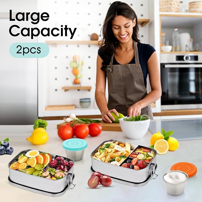 LEEPENK 2PCS 304 Stainless Steel Lunch Container with Lockable Clips,3-Compartment Large 1500ML Metal Bento Box Bonus 2PCS Condiment Containers & Leakproof Lids for for Office and Gym