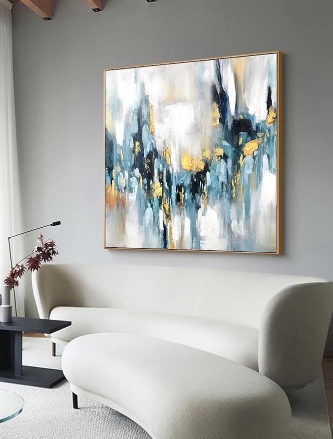 Large Blue and Gold Abstract Wall Art for Office. Hand-Painted Abstract Oil Painting for Living Room. Framed Blue Wall Painting Contemporary for Bedroom Home Decoration Ready to Hand 40x40inches