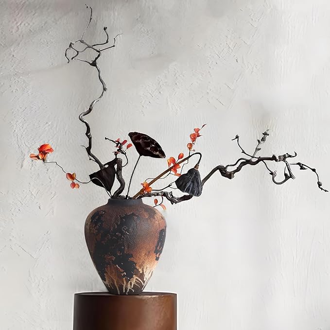 Rustic Vase for Flowers, 8.9'' Brown Farmhouse Ceramic Vases for Home Decor, Minimalist Decorative Vase for Living Room, Entryway, Shelf, Premium Pottery Clay Table Centerpiece Decor.