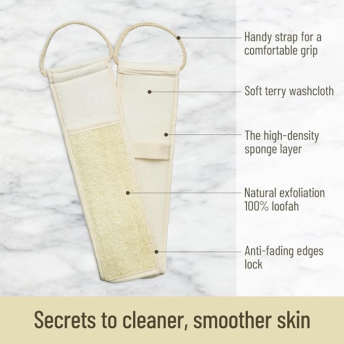 Natural Loofah Back Scrubber, Double-Sided Exfoliating Body Scrubber with Handy Strap for Deep Cleaning, Durable Bath Shower Luffa Sponges for Men and Women (Beige)