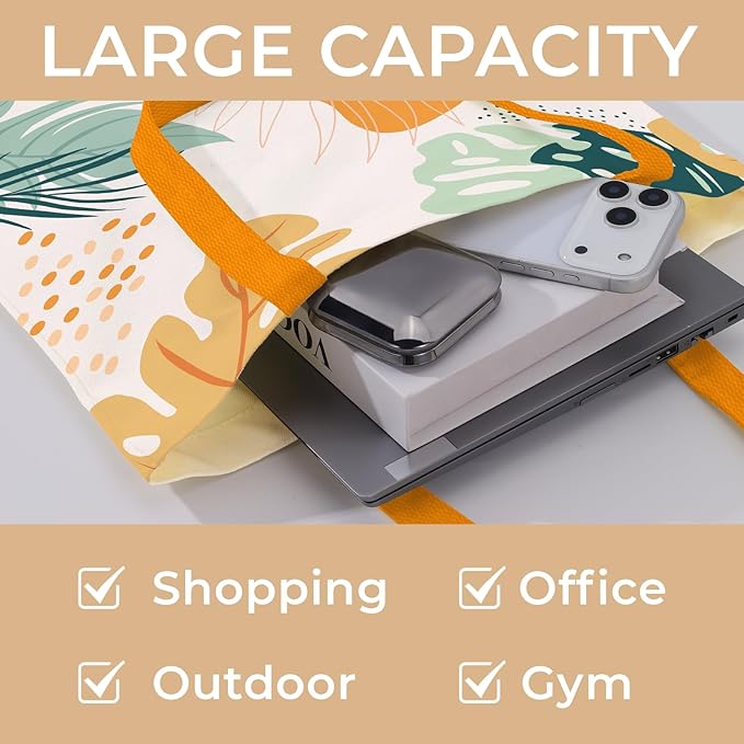 Cute Aesthetic Canvas Tote Bag for Women, Reusable Foldable Shopping Cotton Shoulder Totebag with Zipper Pocket