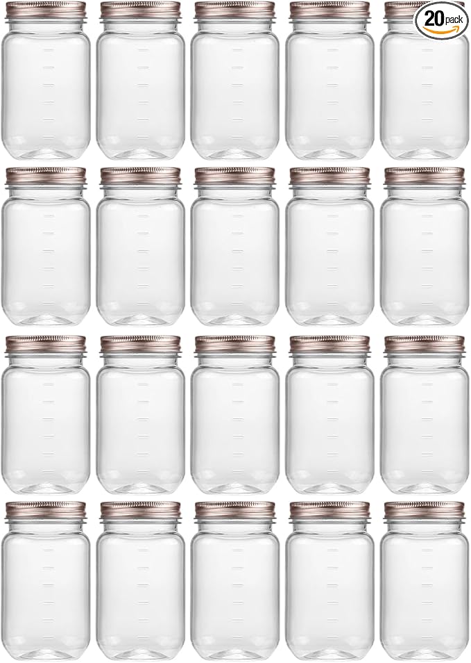 novelinks 16 oz Clear Plastic Jars with Screw-On Lids - BPA-Free Refillable Storage Containers for Slime, Food, Crafts, Kitchen & Household Use (20 Pack,Rose Gold)