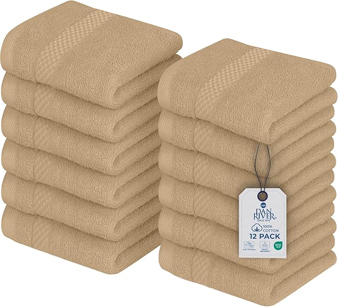 DAN RIVER 12-Pack Premium 100% Cotton TAN Face Towels – Reusable Face Towel Set, Soft & Absorbent wash Cloths for Body – Hand and Face Towels, 550 GSM (12x12 in)