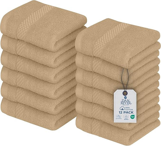DAN RIVER 12-Pack Premium 100% Cotton TAN Face Towels – Reusable Face Towel Set, Soft & Absorbent wash Cloths for Body – Hand and Face Towels, 550 GSM (12x12 in)