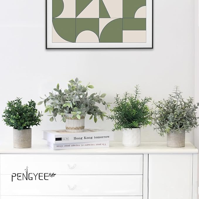 4 Pack Small Fake Plants in Pulp Pots for Home Decor, Rustic Artificial Plants Indoor, Faux Plants Indoor for Bathroom Kitchen Office Desk Shelf Farmhouse Room Decor