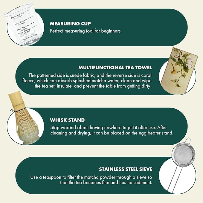 Matcha Whisk Set,9 Pcs Matcha Set with Matcha Bowl,Spout, Bamboo Whisk, Spoon Stand, Scoop, Sifter, Towel, Teaspoon and Glass Measuring Cup for Making Breakfast/Latte, Gift for Matcha Lover,Green