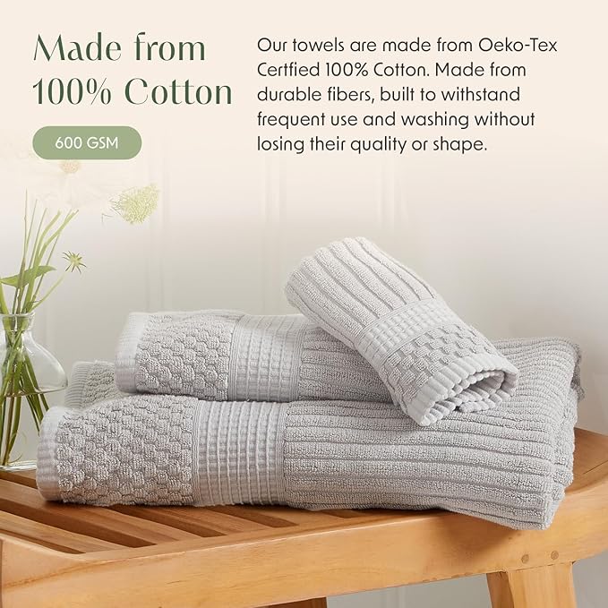 Springtree Home 100% Cotton Towel Set | 6 Piece Set | Super Soft & Absorbent Quick-Dry 2 Bath Towels 2 Hand Towels & 2 Washcloths | Textured and Durable Cotton | Krista Collection - High Rise Grey