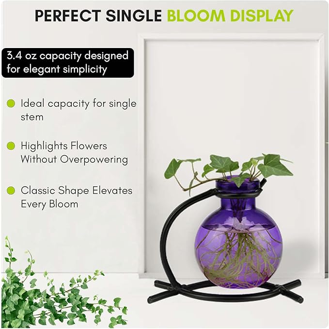 Couronne Company M501-200-21 Casablanca Recycled Glass Vase & Metal Stand, 4", Violet, 1 Piece