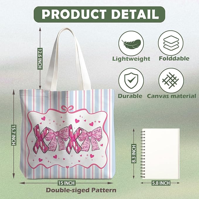Animals-Flowers-Fruits-Bow Valentines Canvas Heart Tote Bag, Coquette Reusable Shopping Grocery Bags