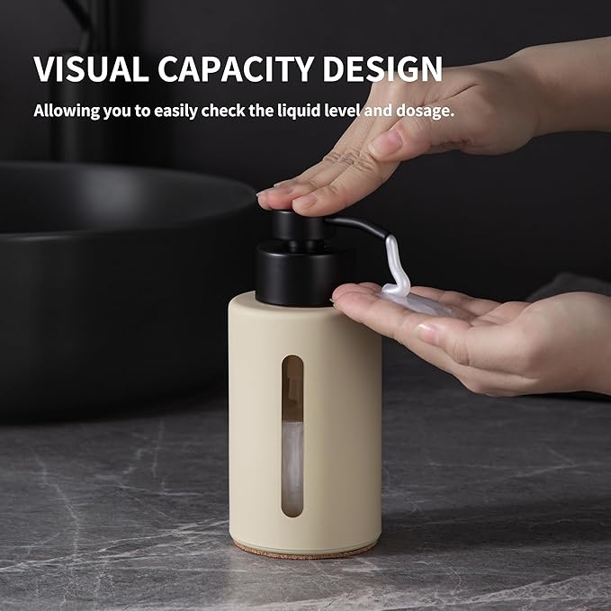 Enra Glass Lotion Dispenser with Window,12oz Bathroom Soap Dispenser Stainless Steel Lotion Hand Pump, Boho Liquid Soap Dispenser Countertop Lotion Bottle for Bathroom(Beige)