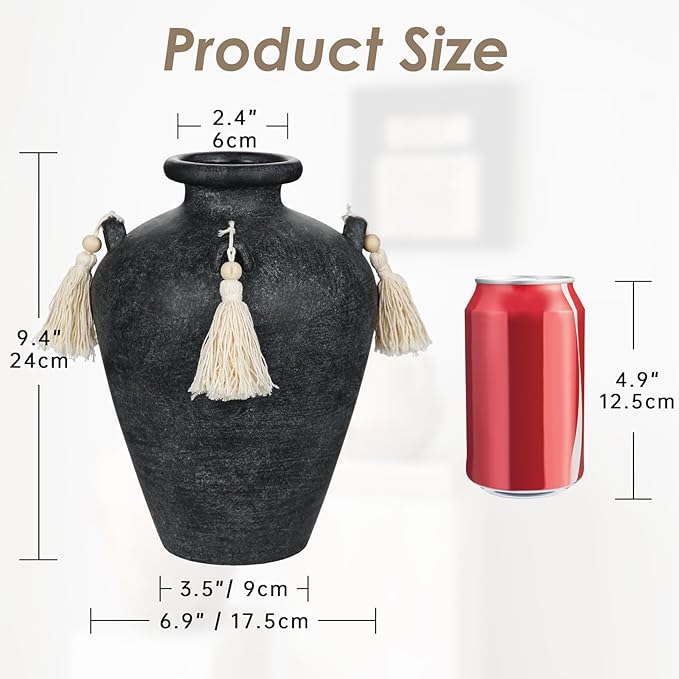 9.4" Large Black Ceramic Vase for Centerpieces - Rustic Farmhouse Vase with 4 Ears & Tassels, Terracotta Vintage Flower Vases for Table, Desk, Living Room, Bedroom, Entryway, Holiday & Weddings Decor