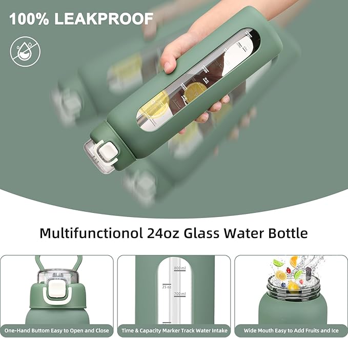24 oz Glass Water Bottles with 2 Lids-Handle Spout Lid & Straw Lid, Motivational Water Bottle with Time Marker and Silicone Sleeve,Leakproof-Olive-1 Pack