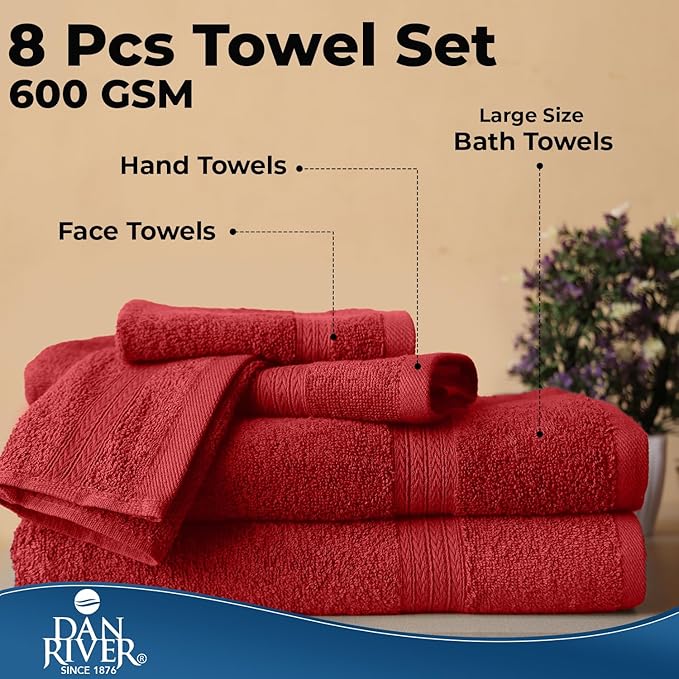 DAN RIVER 8 PC Luxury Bath Towels for Bathroom, 2 Bath, 2 Hand, and 4 Wash Cloths, 600 GSM 100% Ring Spun Cotton Towel Set, Highly Absorbent, Gym, Hotel, and Spa, Red