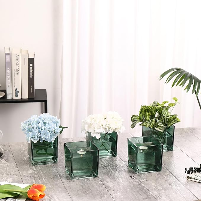 Square Glass Vases Set of 4, 5" x 5" x 5" Green Flower Vases for Centerpieces, Square Vase for Flowers, Small Vase for Wedding, Party, Home Office Decoration