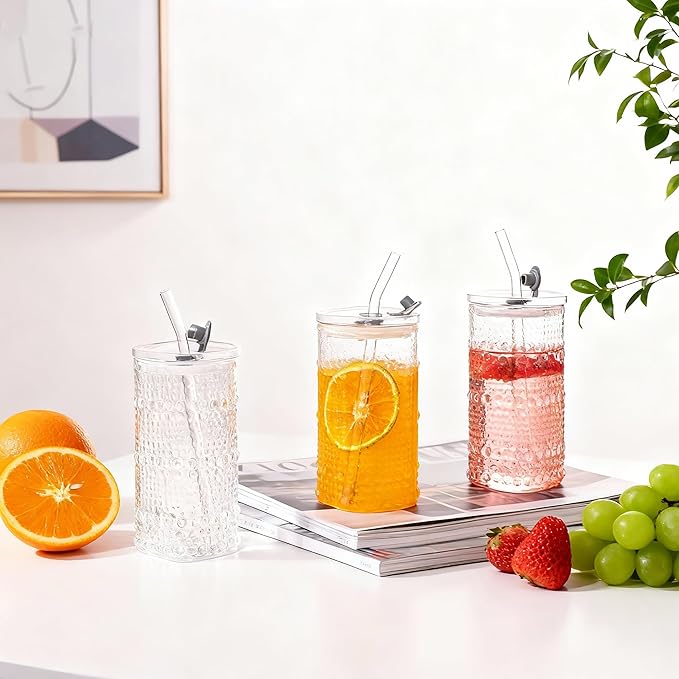 Glass Cups with Lid and Straw 4 Sets, 13OZ Square Embossed Beaded Glass Tumbler with Lid and Straw for Whiskey Cocktail Beer, Iced Coffee, Hot/Cold Drinks