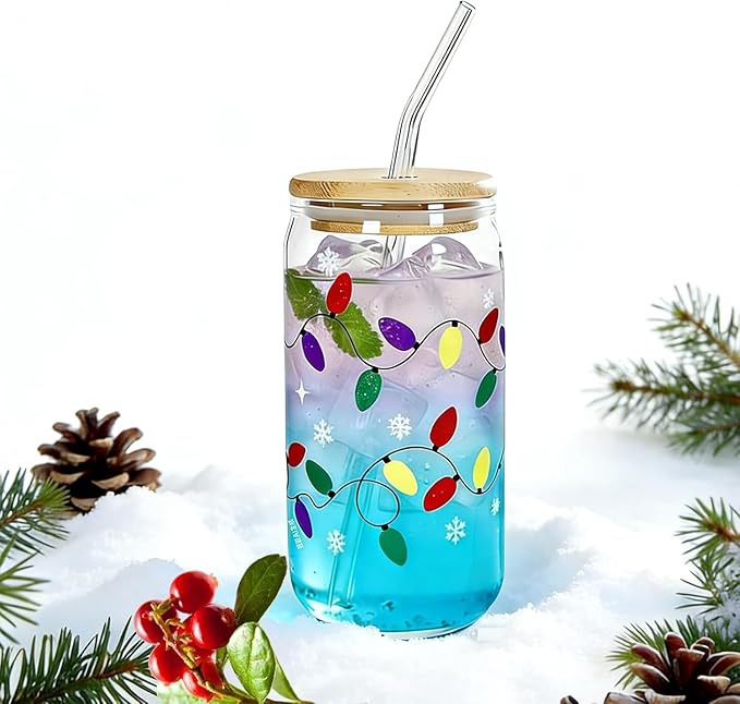 CHRISTMAS CUP WITH LID AND STRAPS 18 OZ Color Changing Christmas Lights for Party Glass Christmas Cups