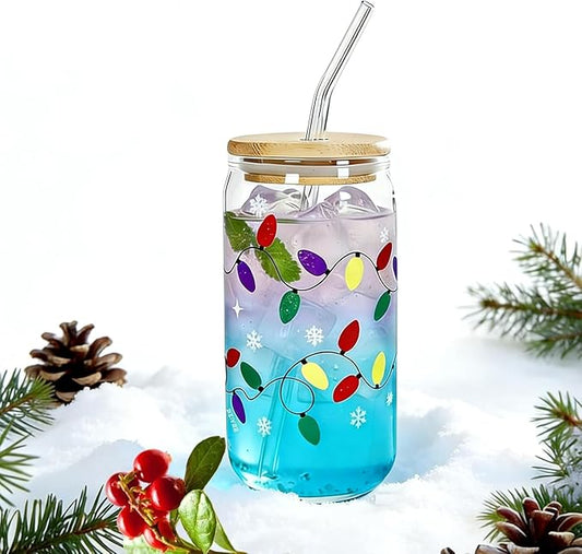 CHRISTMAS CUP WITH LID AND STRAPS 18 OZ Color Changing Christmas Lights for Party Glass Christmas Cups