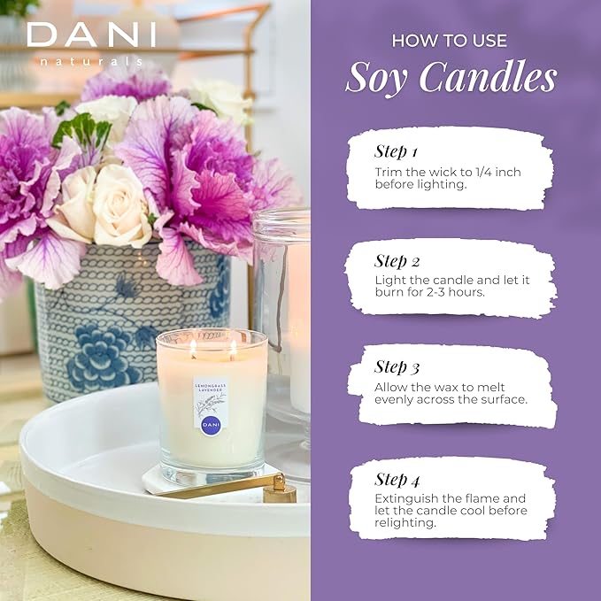 DANI Naturals Soy Candle - Lemongrass Lavender Scented, 100% Pure Soy Wax, Kosher, Non-Toxic, Long-Lasting Burn - 7.5 oz