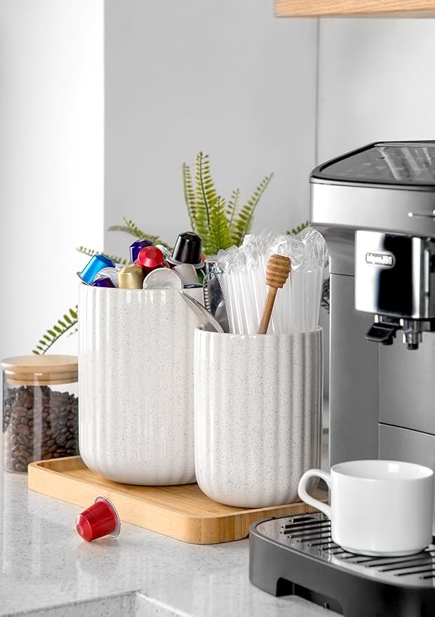 Nucookery Ceramic Utensil Holder Set for Kitchen Countertop, 7.2"+6.1" Large Cooking Utensil Crocks for Counter, Farmhouse Kitchen Decor, Set of 2 (Sand)