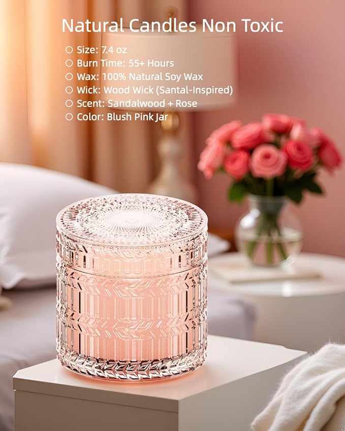 Hidden Label Sandalwood Rose Scented Candle for Home Scented, Santal Wood Wick Decorative Candles, Aromatherapy Candles for Women, Pink Soy Candles Non Toxic Candle, 7.4 oz 55 Hours Long Burn time