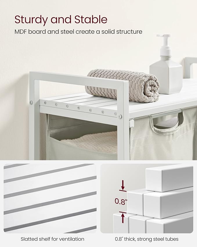 VASAGLE Laundry Hamper, Laundry Basket, Laundry Sorter with 2 Pull-Out and Removable Bags, Shelf, Metal Frame, 2 x 12.1 Gallons (46 L), 28.8 x 13 x 28.4 Inches, Cream White and Cloud White UBLH201W01